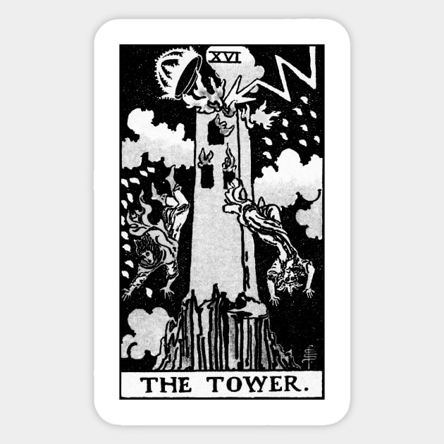 XVI. The Tower Tarot Card | Black and white Sticker by wildtribe